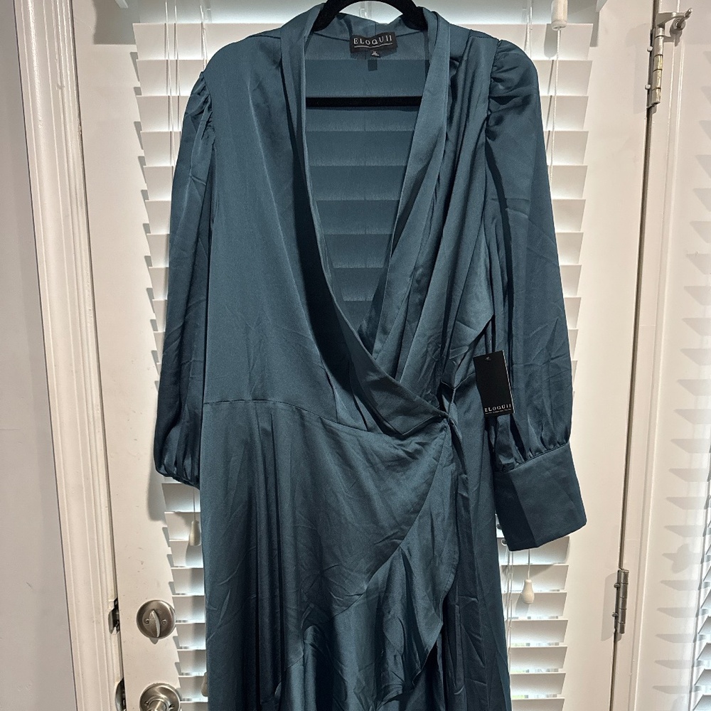 ELOQUII Teal Satin Wrap Ruffle Midi Dress – Size 22 (NWOT)